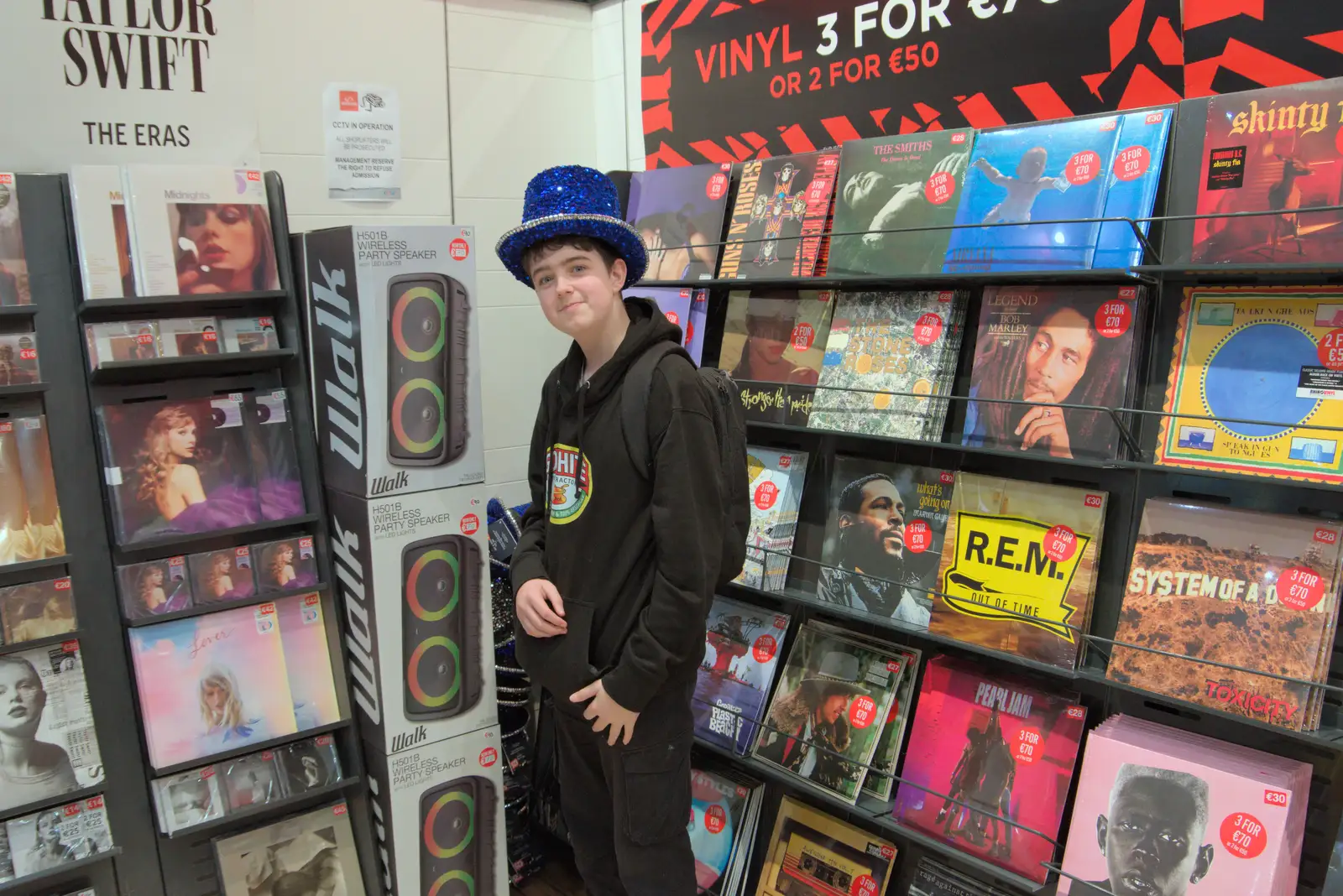 Fred models a very sparkly blue hat, from St. Stephen's Day in Blackrock, County Dublin, Ireland - 26th December 2024