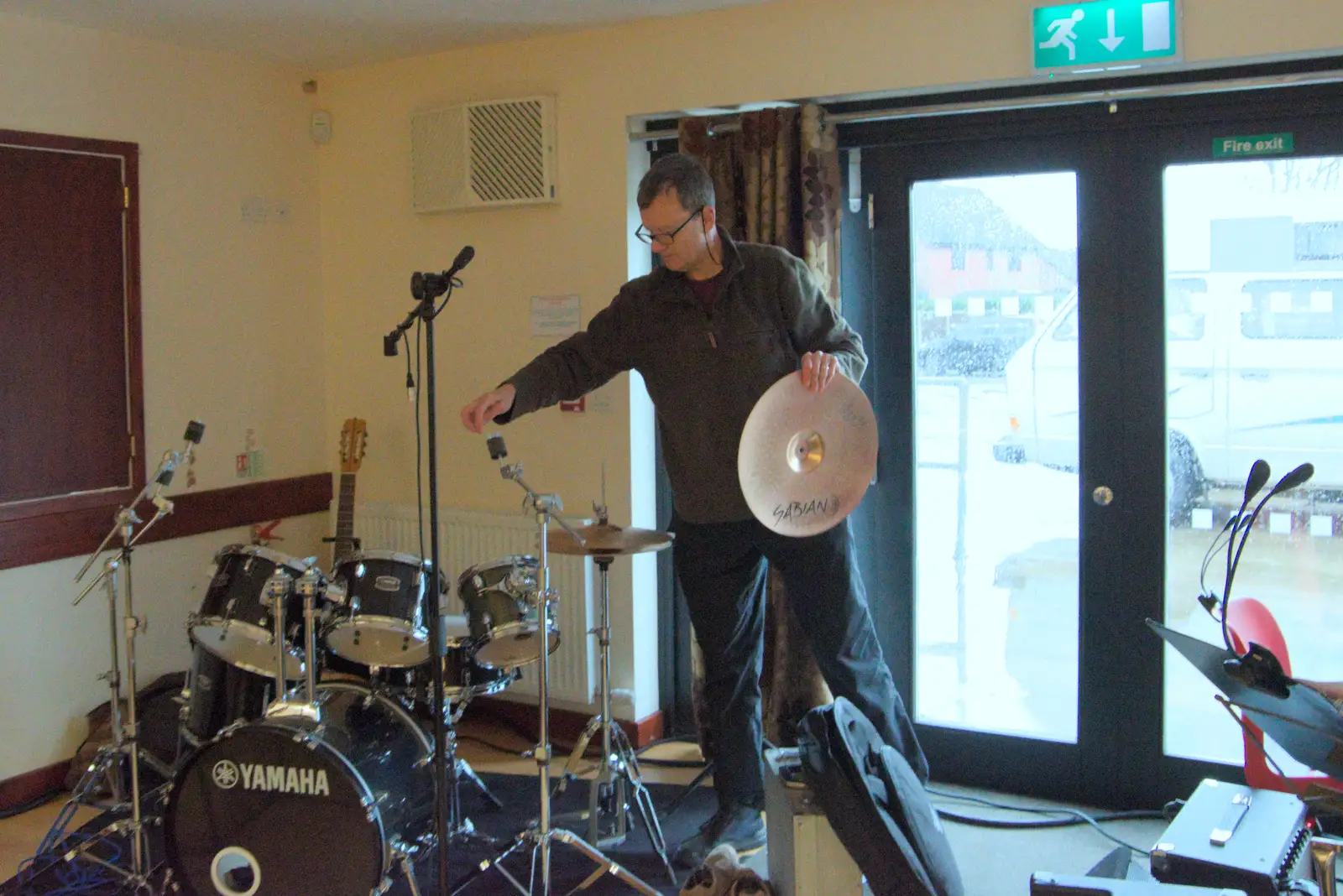 Nosher assembles the drum kit, from Dove Players Tech Rehearsal, Occold, Suffolk - 5th January 2025