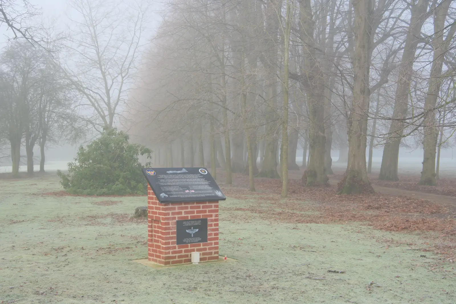 The Oaksmere memorial in the mist, from Dove Players do Treasure Island, The Village Hall, Occold - 11th January 2025