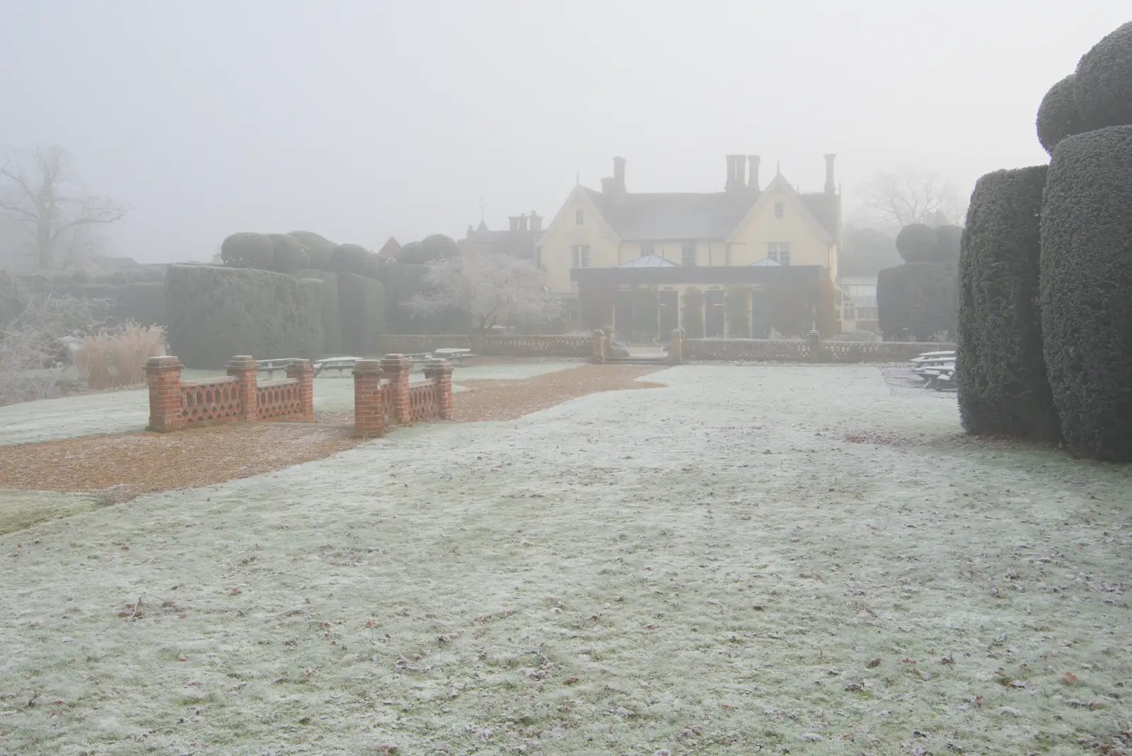 The Oaksmere on a frosty and misty morning, from Dove Players do Treasure Island, The Village Hall, Occold - 11th January 2025