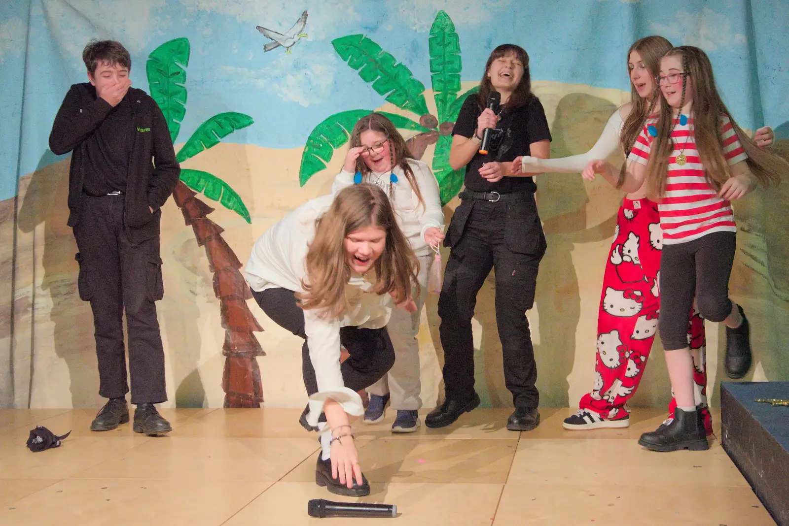 Alice does an unintentional mic drop, from Dove Players do Treasure Island, The Village Hall, Occold - 11th January 2025