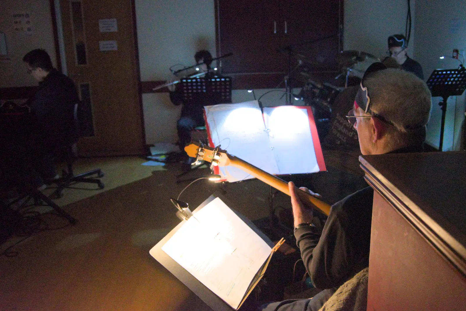 A view of George's music stands in the dark, from Dove Players do Treasure Island, The Village Hall, Occold - 11th January 2025