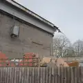 An air-conditioning unit hangs by its cable, The Demolition of Park Road, Diss, Norfolk - 1st February 2025