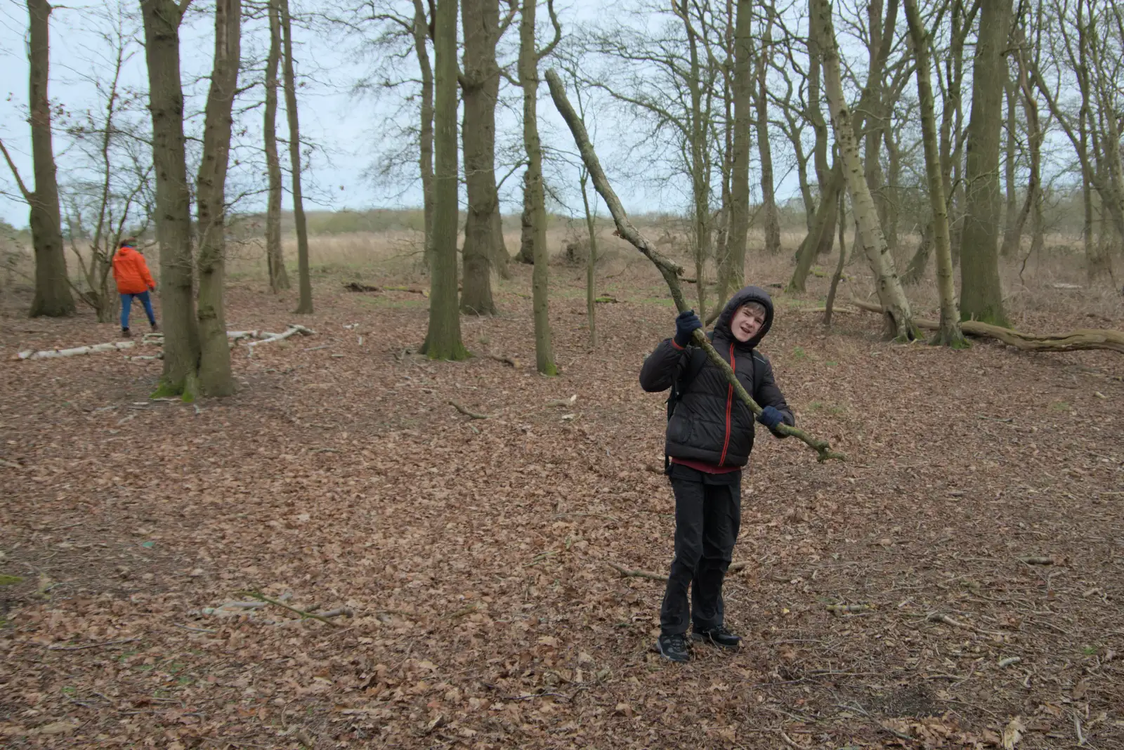 Harry's found a new giant stick, from A Walk around Redgrave and Lopham Fen, Redgrave, Suffolk - 23rd February 2025