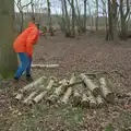 Isobel looks for moshrooms in a pile of logs, A Walk around Redgrave and Lopham Fen, Redgrave, Suffolk - 23rd February 2025