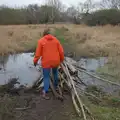 We navigate a wobbly log bridge, A Walk around Redgrave and Lopham Fen, Redgrave, Suffolk - 23rd February 2025