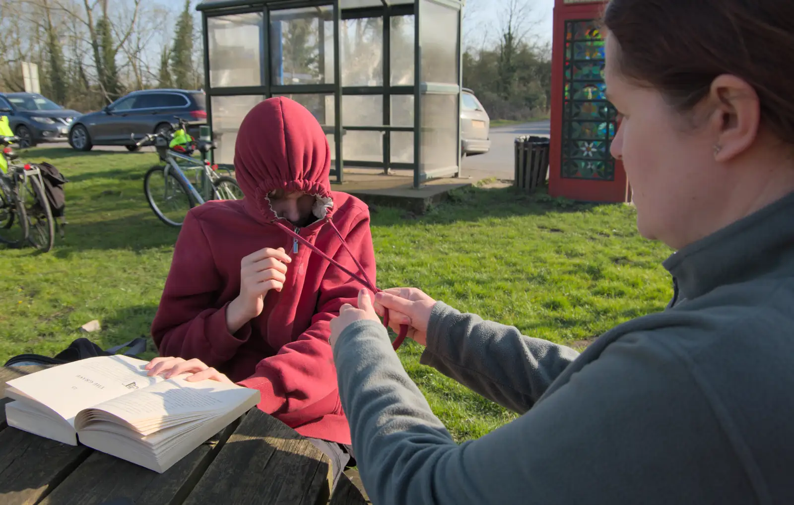 Harry's hoodie strings are pulled in, from A Sunday Pub Ride, Thornham and Mellis - 9th March 2025