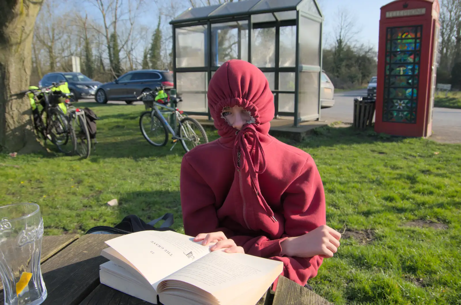 Harry's closed up in his hoodie, from A Sunday Pub Ride, Thornham and Mellis - 9th March 2025