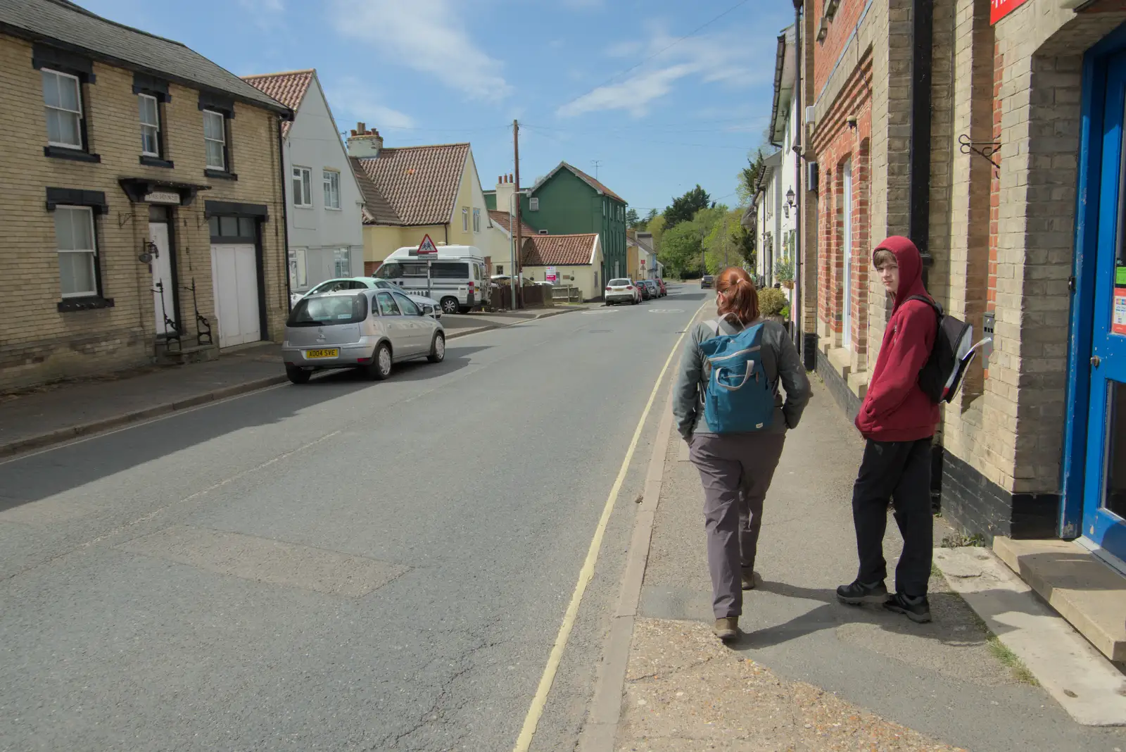 Isobel and Harry on Magdalene Street, from A Pub Walk to the Black Horse, Thorndon, Suffolk - 20th April 2025