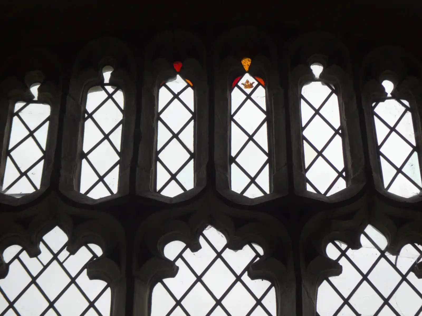 Tiny fragments of Mediaeval glass in a window, from Hoxne, Bedfield, and the BSCC does the Lion, Debenham - 8th May 2025