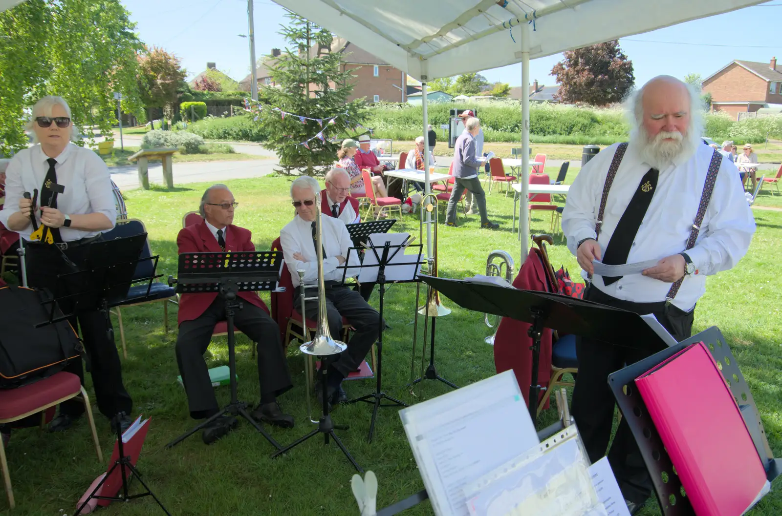 Under the marquee with the GSB, from The GSB Play the VE Day 80th Anniversary Event, Gislingham, Suffolk - 11th May 2025