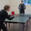Oak does one of his fancy serves, Table Tennis at the Village Hall, Brome, Suffolk - 6th June 2025