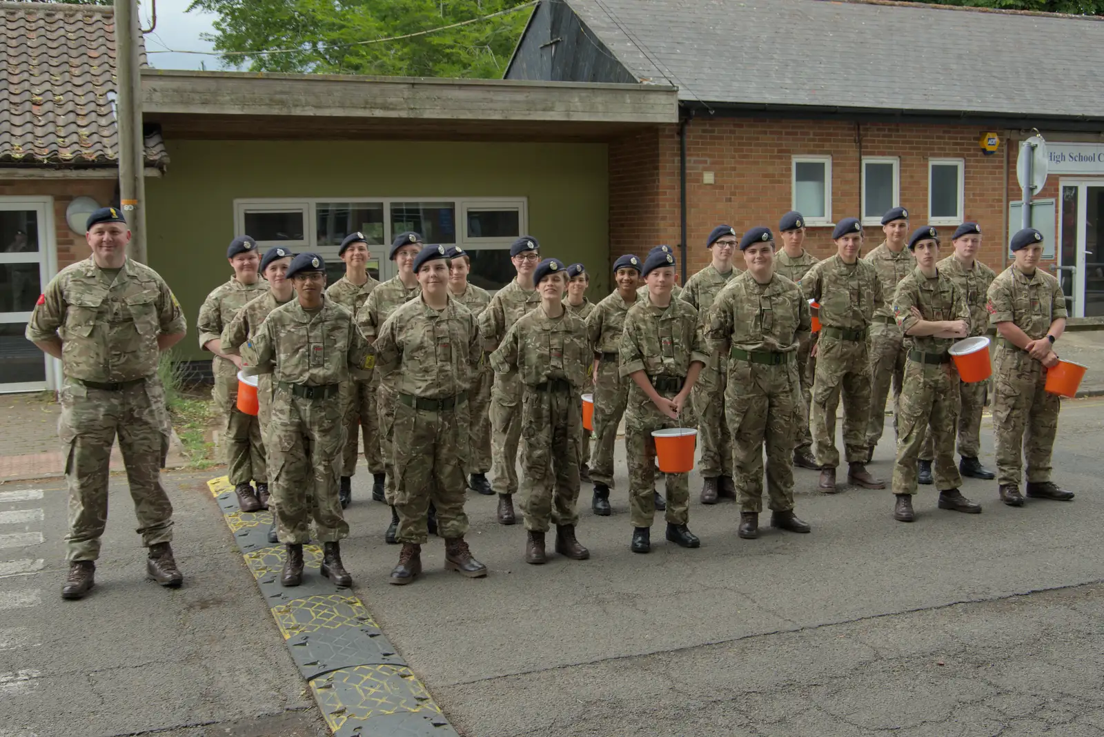 The cadets wait with their collecting buckets, from Palgrave Players do the Carnival, Diss, Norfolk - 8th June 2025