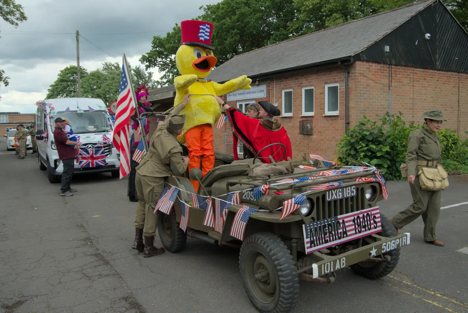 The duck mascot is installed in a Jeep, from Palgrave Players do the Carnival, Diss, Norfolk - 8th June 2025