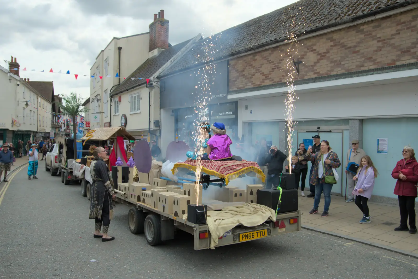 The Aladdin float sets off its surprise sparklers, from Palgrave Players do the Carnival, Diss, Norfolk - 8th June 2025