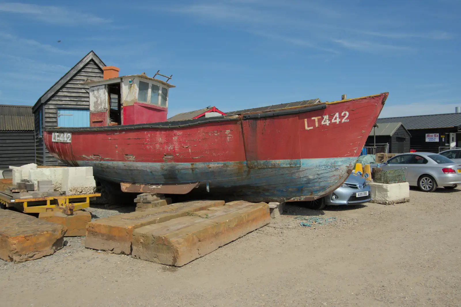 An old Lowestoft fishing boat waits for renovation, from Harry's Karate Kamp, Blackshore, Southwold - 5th July 2025