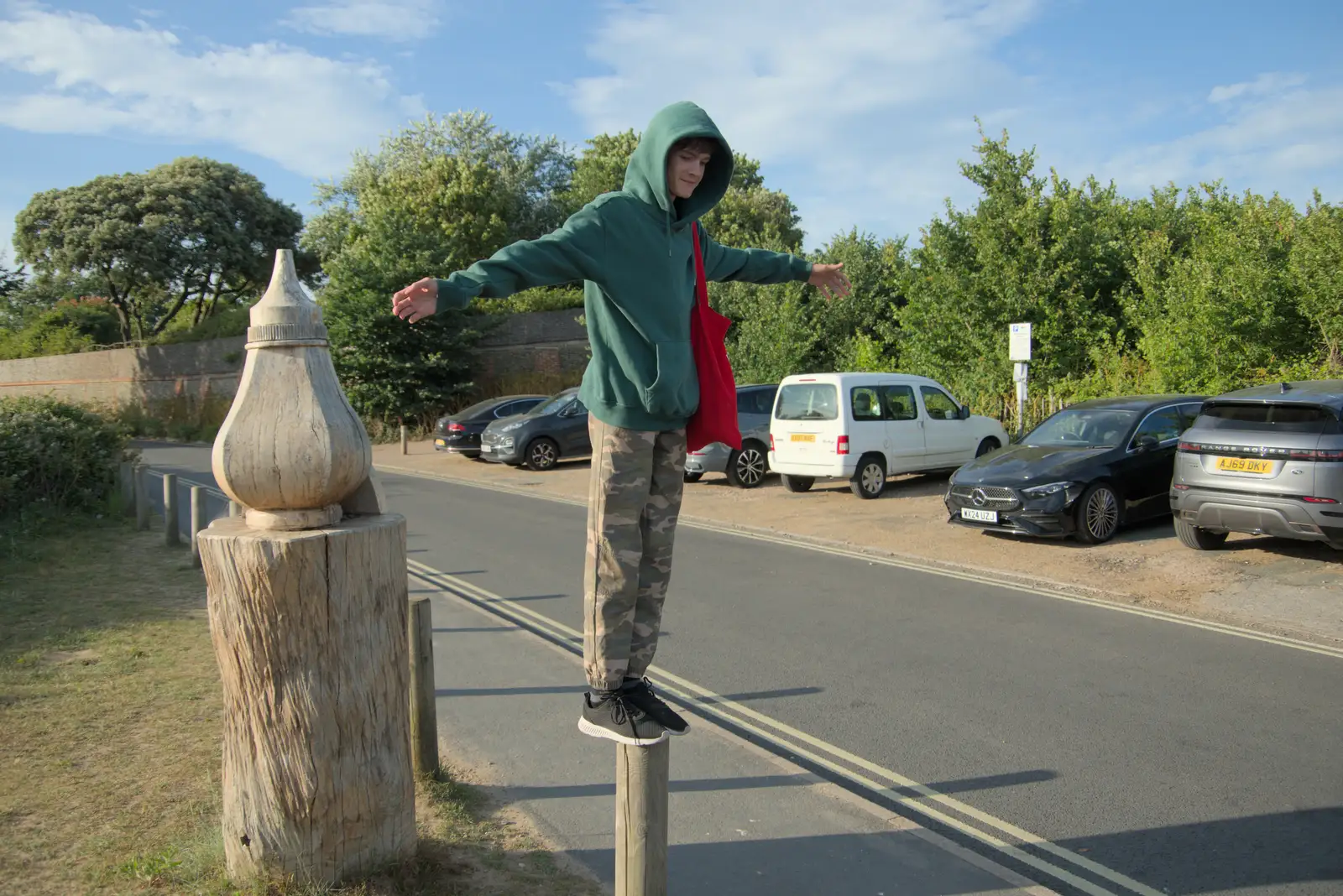 Harry stands on a post, from Harry's Karate Kamp, Blackshore, Southwold - 5th July 2025