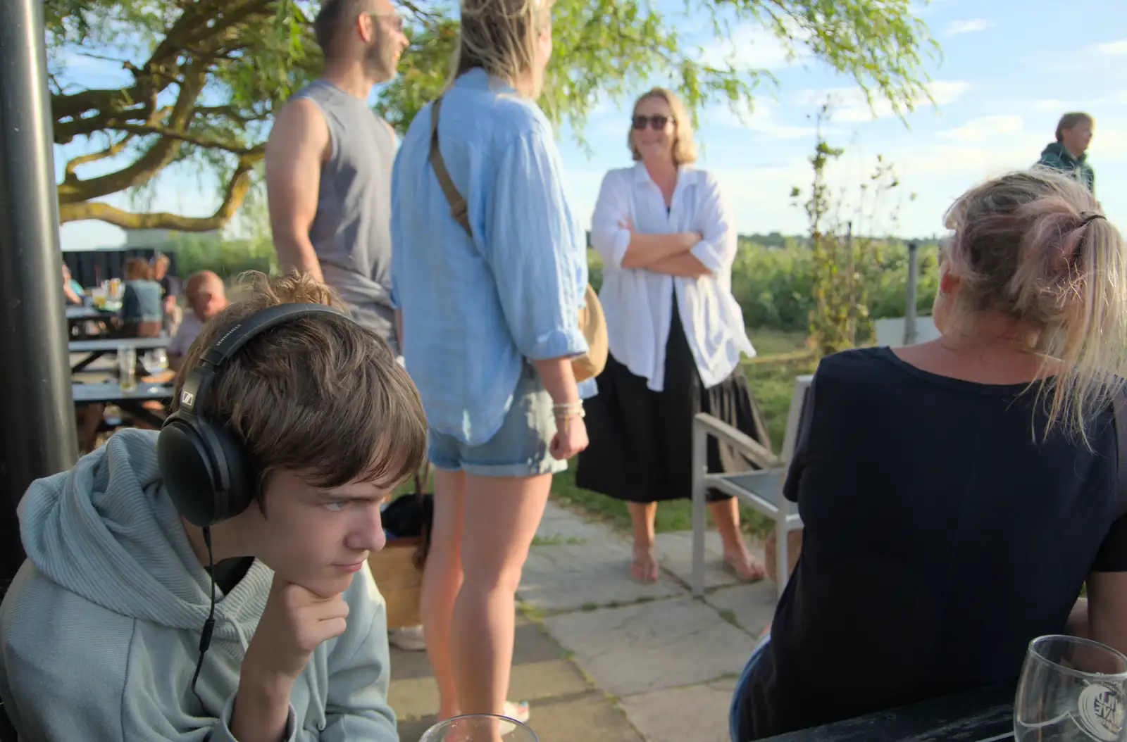Harry's got his heaphones on, from Harry's Karate Kamp, Blackshore, Southwold - 5th July 2025