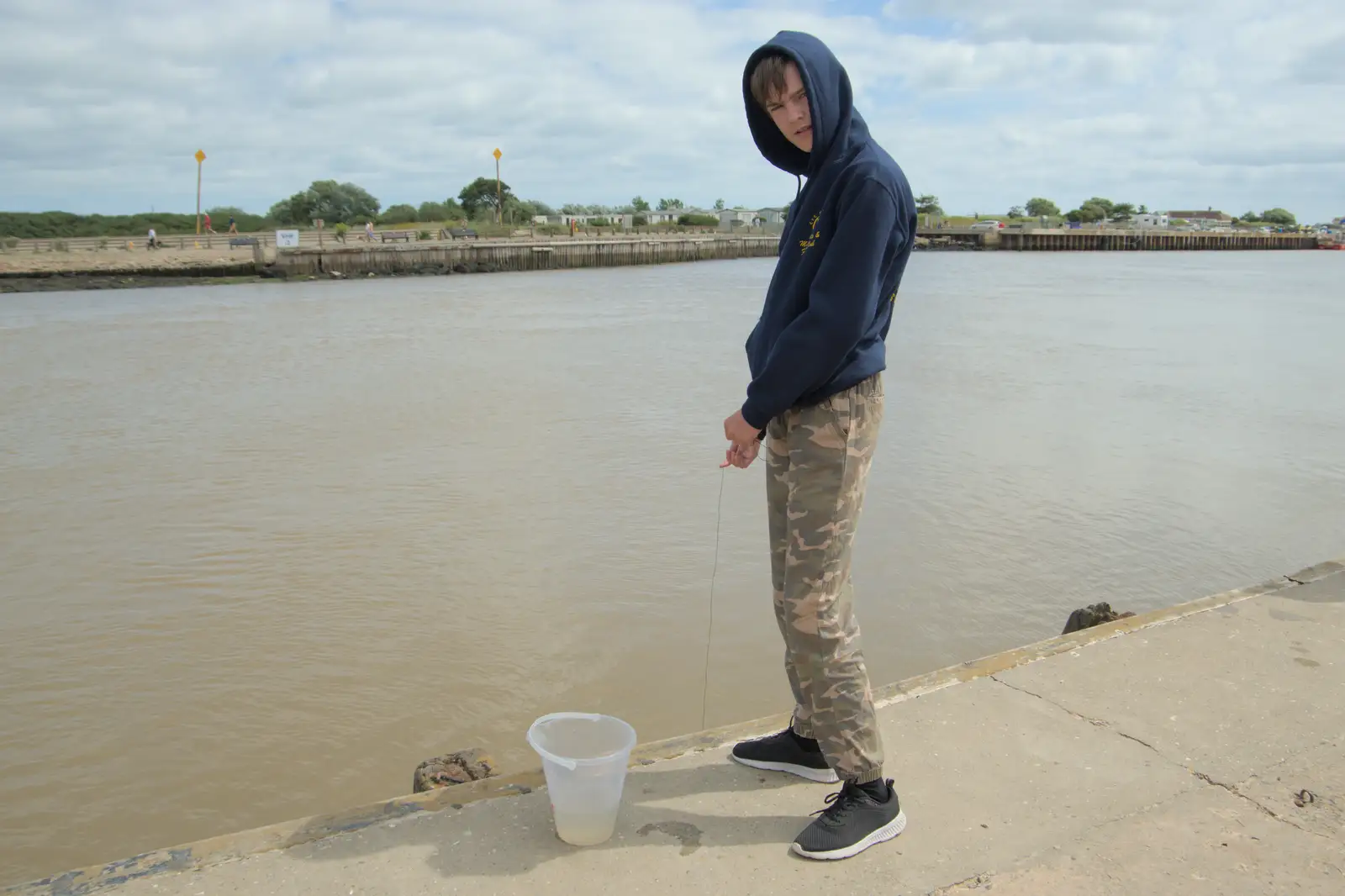 Harry with his string and bucket, from Harry's Karate Kamp, Blackshore, Southwold - 5th July 2025