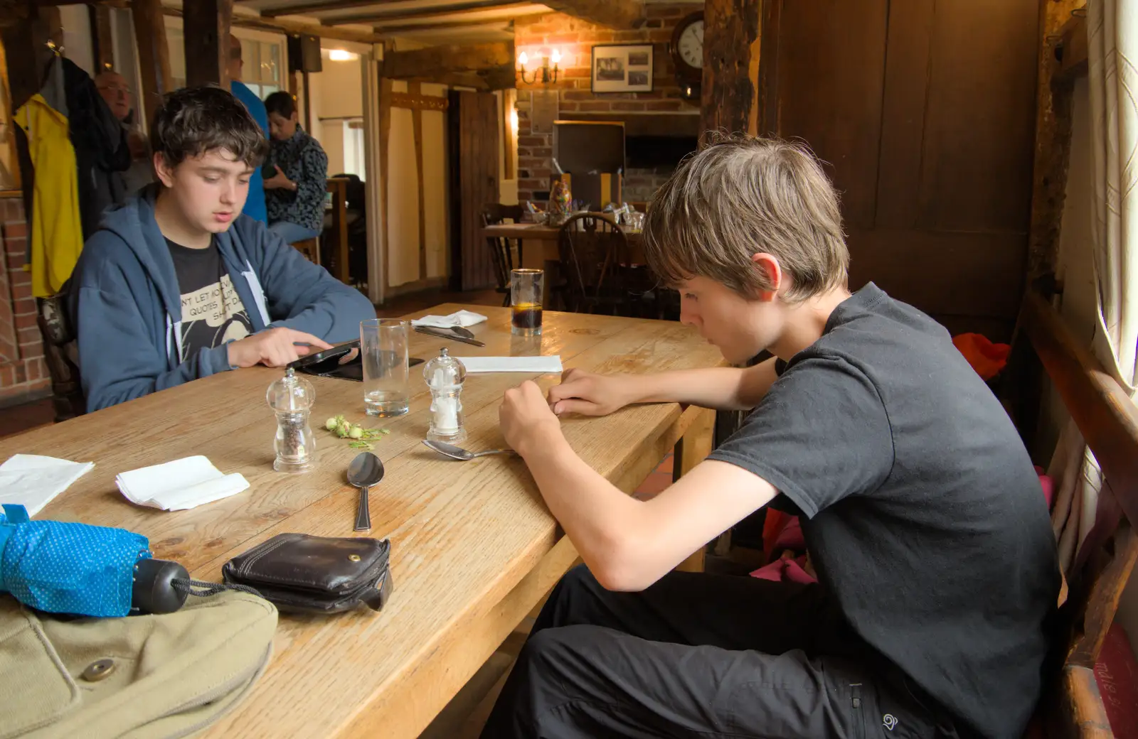 Harry fiddles around with something, from A Wet Walk to the Black Horse, Thorndon, Suffolk - 20th July 2025