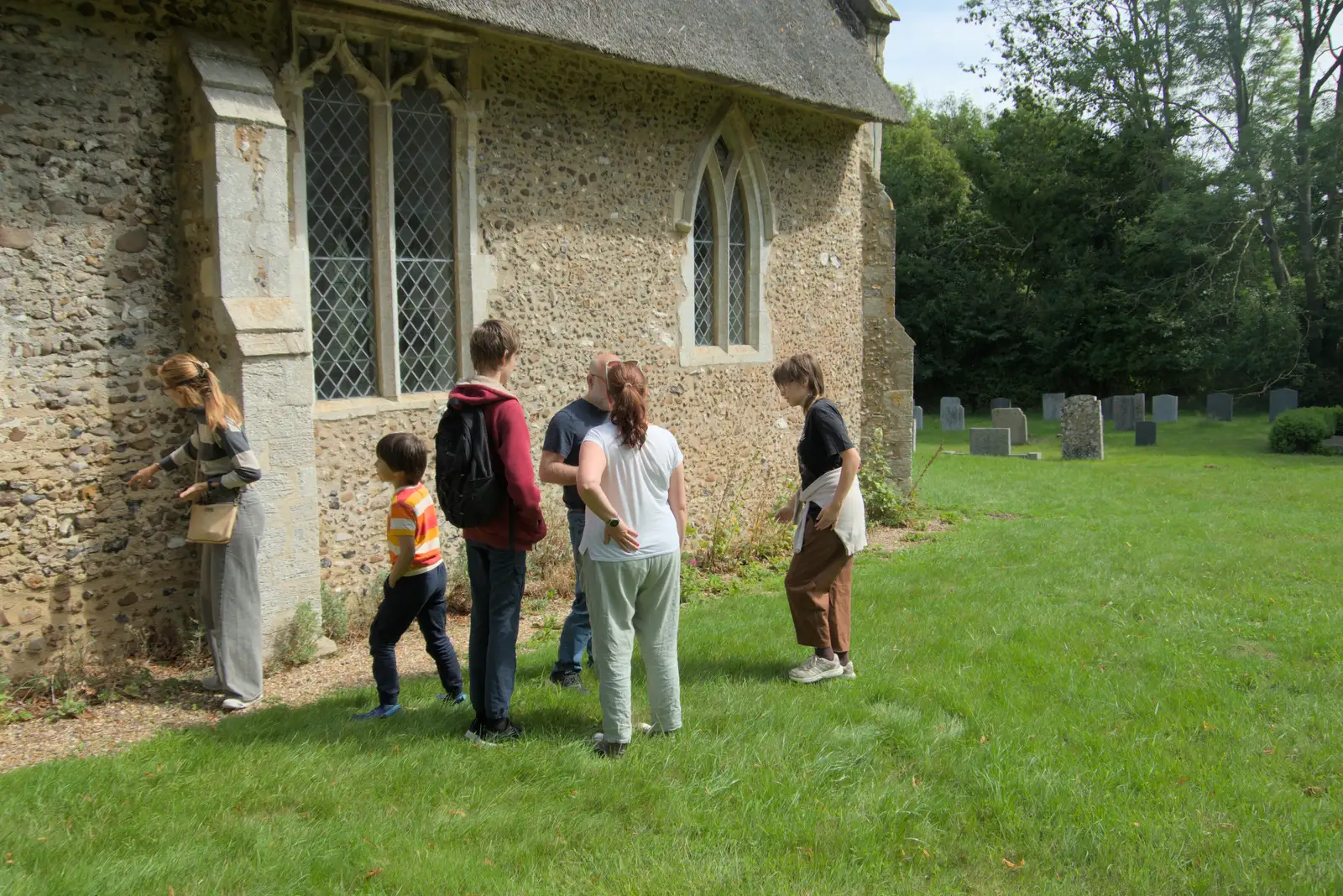 The gang mill around outside the church, from A Visit to the Thornhams, Suffolk - 3rd August 2025