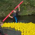 Alice and Frederick herd the duck downstream, The GSB at the Scouts' Duck Race, The Pennings, Eye - 27th September 2025