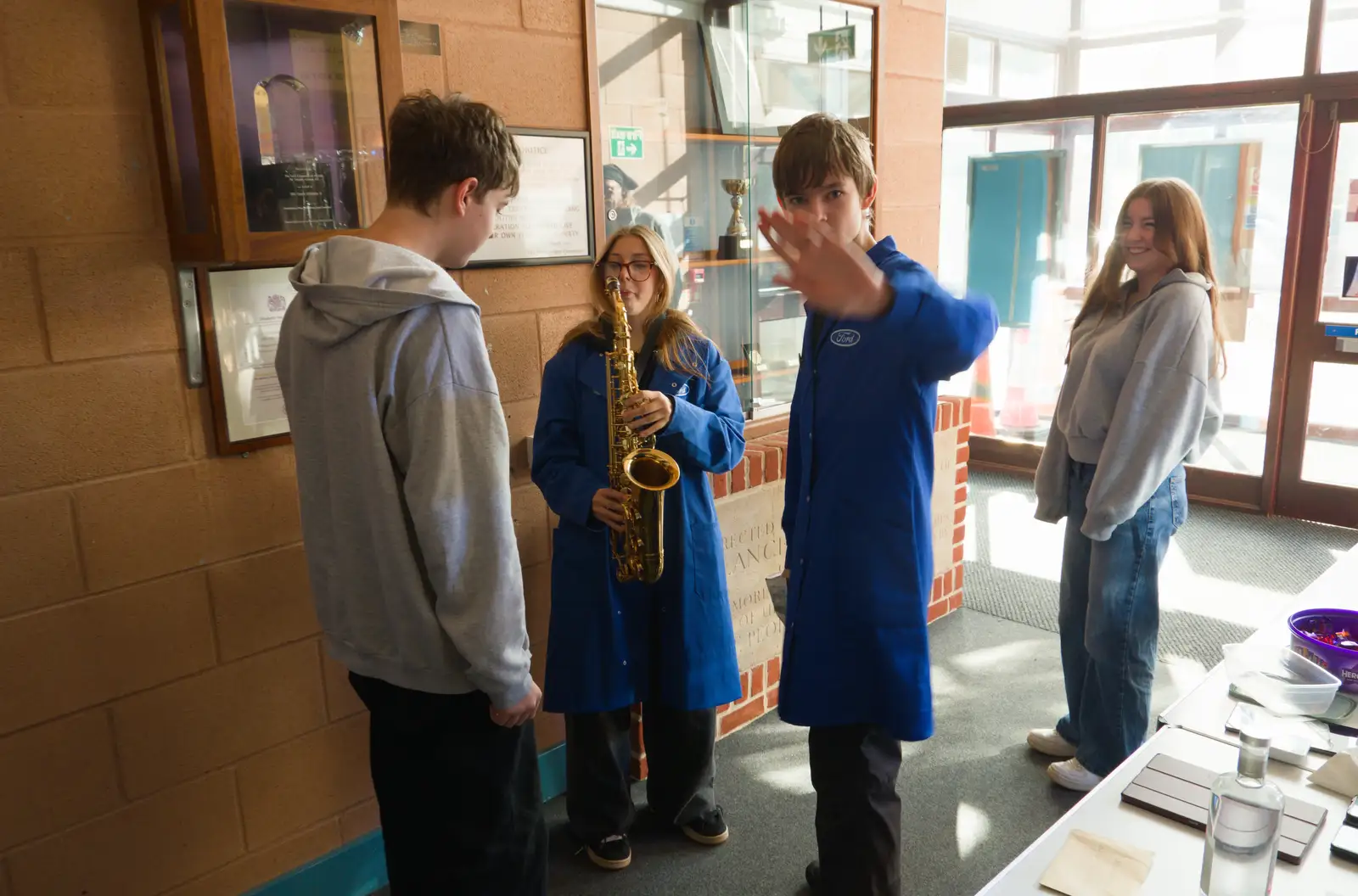 Soph the Roph tries the saxophone, from Palgrave Players do Made in Dagenham, Garboldisham, Norfolk - 25th October 2025