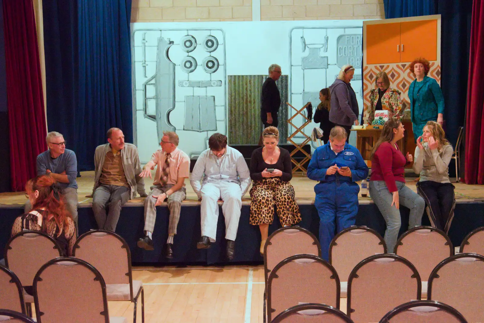 Some of the cast sit on stage, from Palgrave Players do Made in Dagenham, Garboldisham, Norfolk - 25th October 2025
