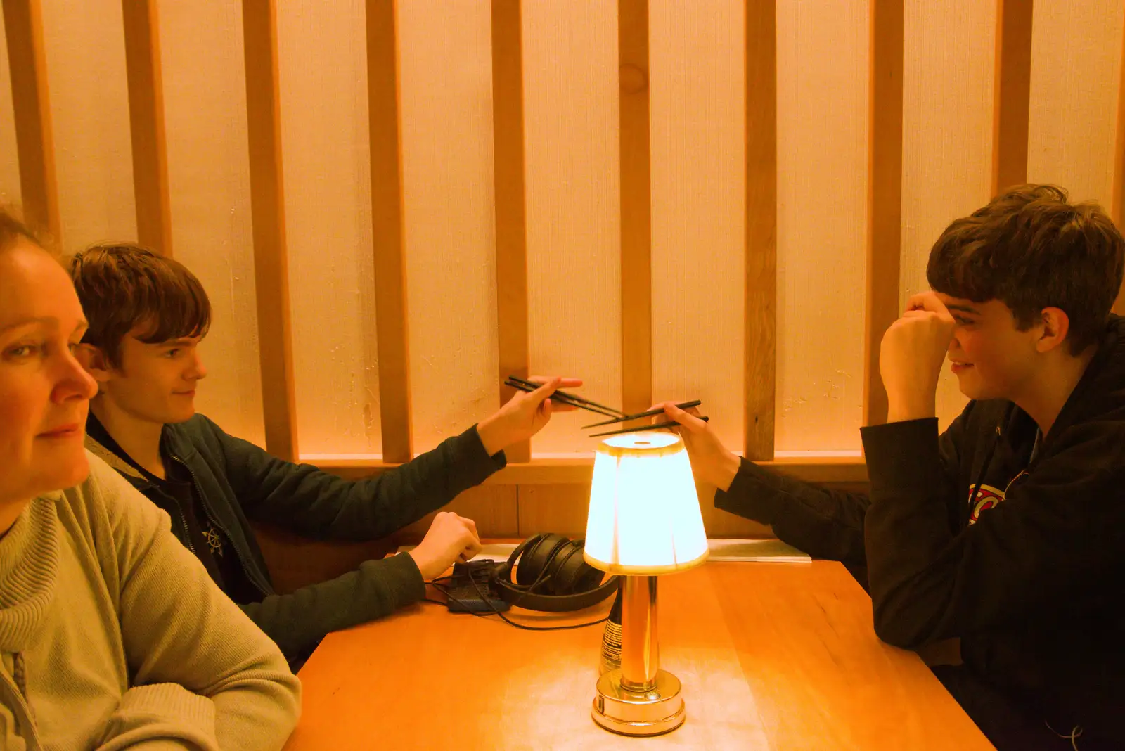 The boys have a quick chopstick fight in Sushida, from End of the Line 1: Dún Laoghaire to Howth, Ireland - 29th October 2025