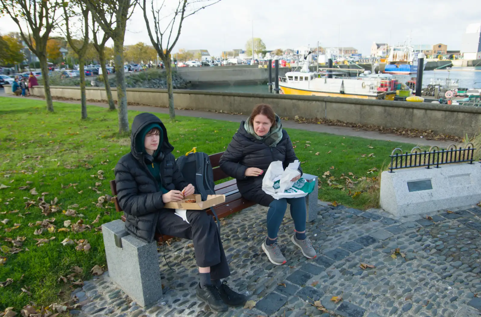 Harry eats pizza as we eat chips, from End of the Line 1: Dún Laoghaire to Howth, Ireland - 29th October 2025