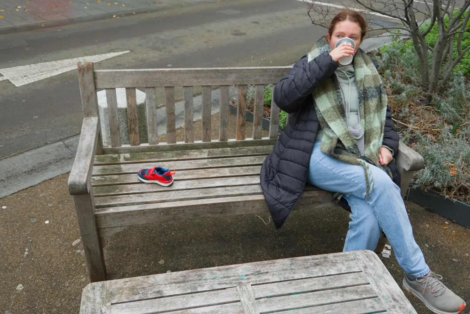 Isobel on a bench, next to a lost shoe, from End of the Line 2: Bré to Blackrock, County Dublin, Ireland - 1st November 2025