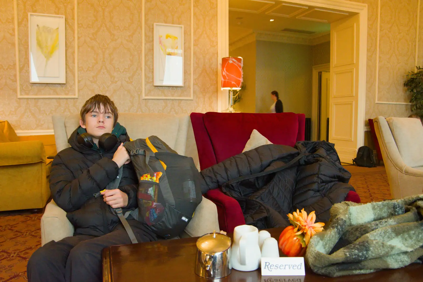 Harry waits for our lift after checking out, from End of the Line 2: Bré to Blackrock, County Dublin, Ireland - 1st November 2025