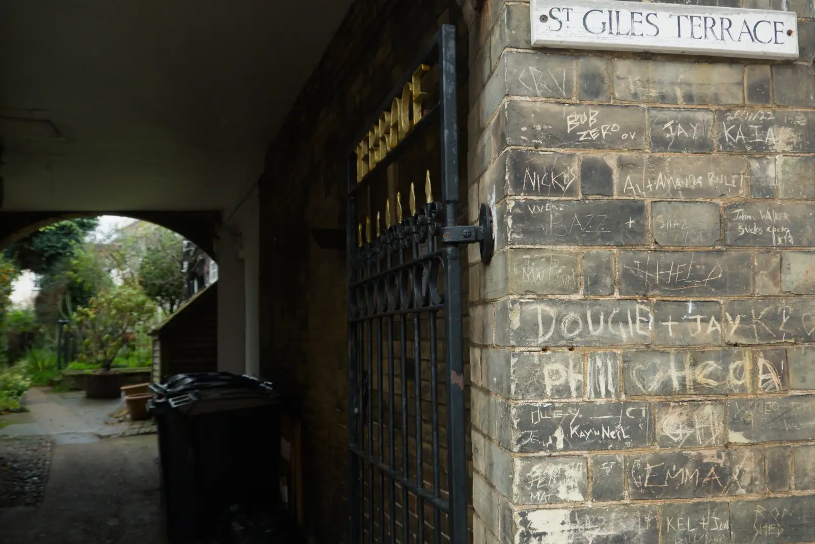 Scratched graffiti on a wall in St. Giles Terrace, from A Visit to St. John the Baptist Cathedral, Unthank Road, Norwich - 18th December 2025