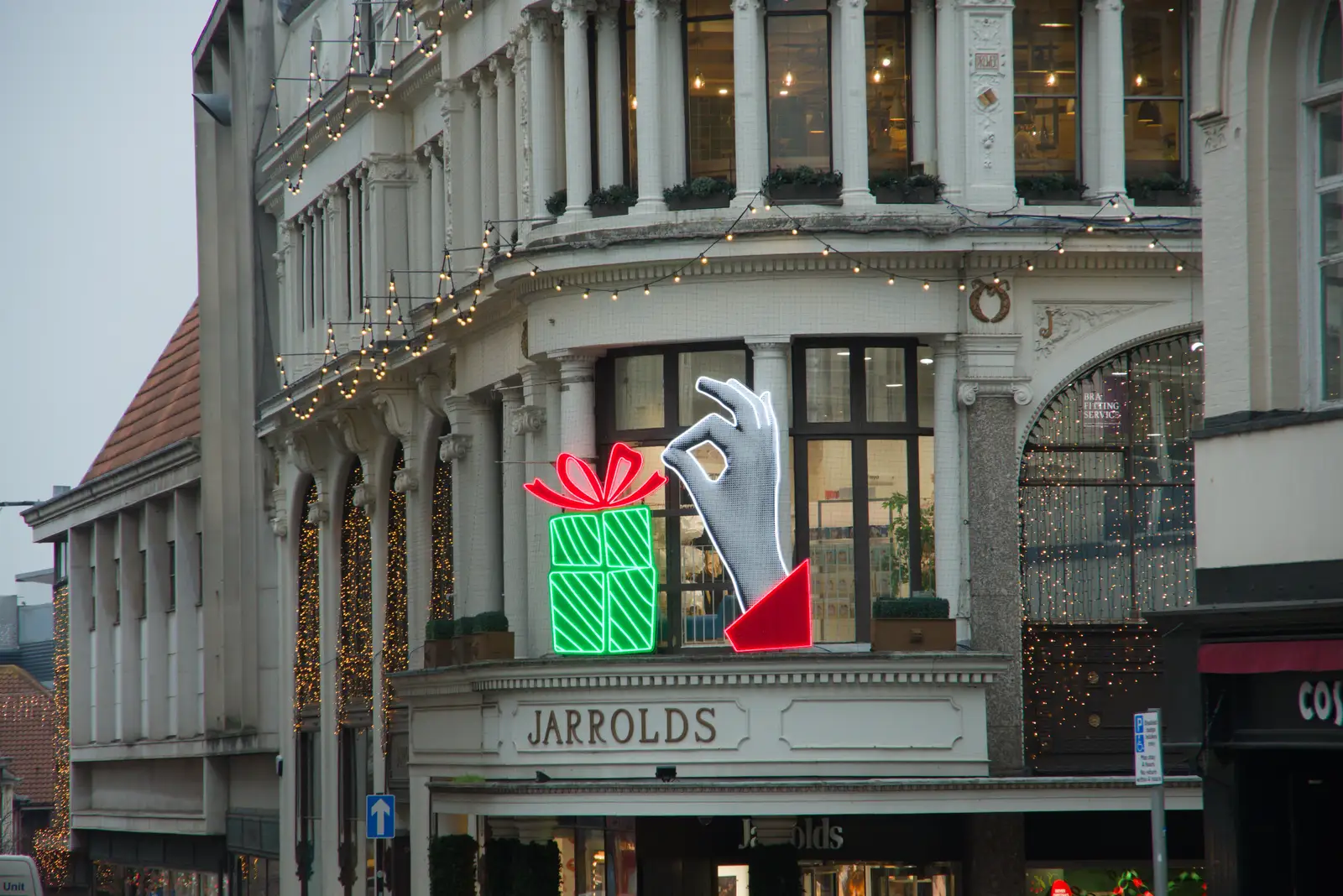 Jarrold's present sign is illuminated, from Norwich Shopping and the GSB at Thornham Magna, Suffolk - 23rd December 2025