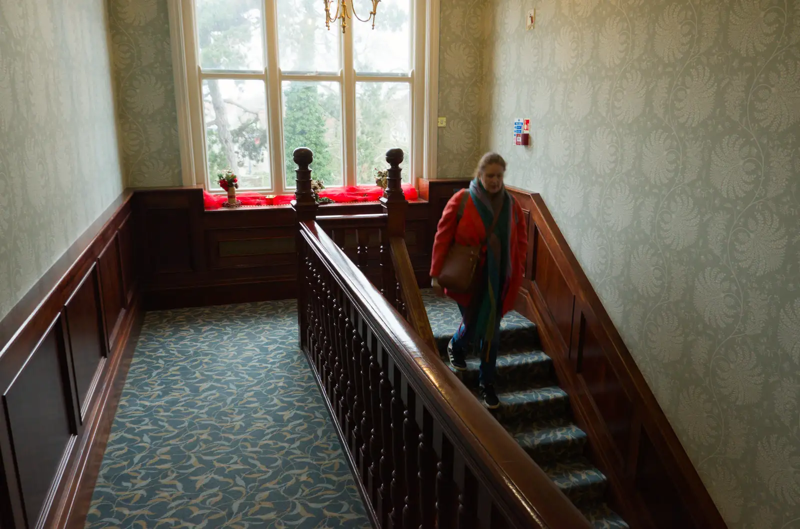Isobel on the grand staircase, from A Night at the Orwell Hotel, Felixstowe, Suffolk - 28th December 2025