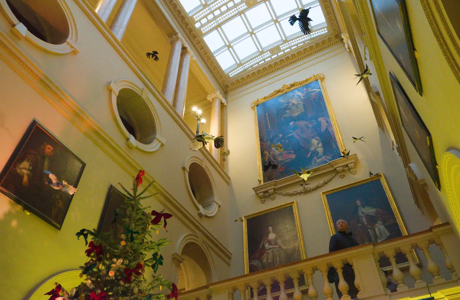 Paper birds hang from the roof of the lobby, from Shadow the Snow Leopard at Ickworth House, Horringer - 4th January 2026