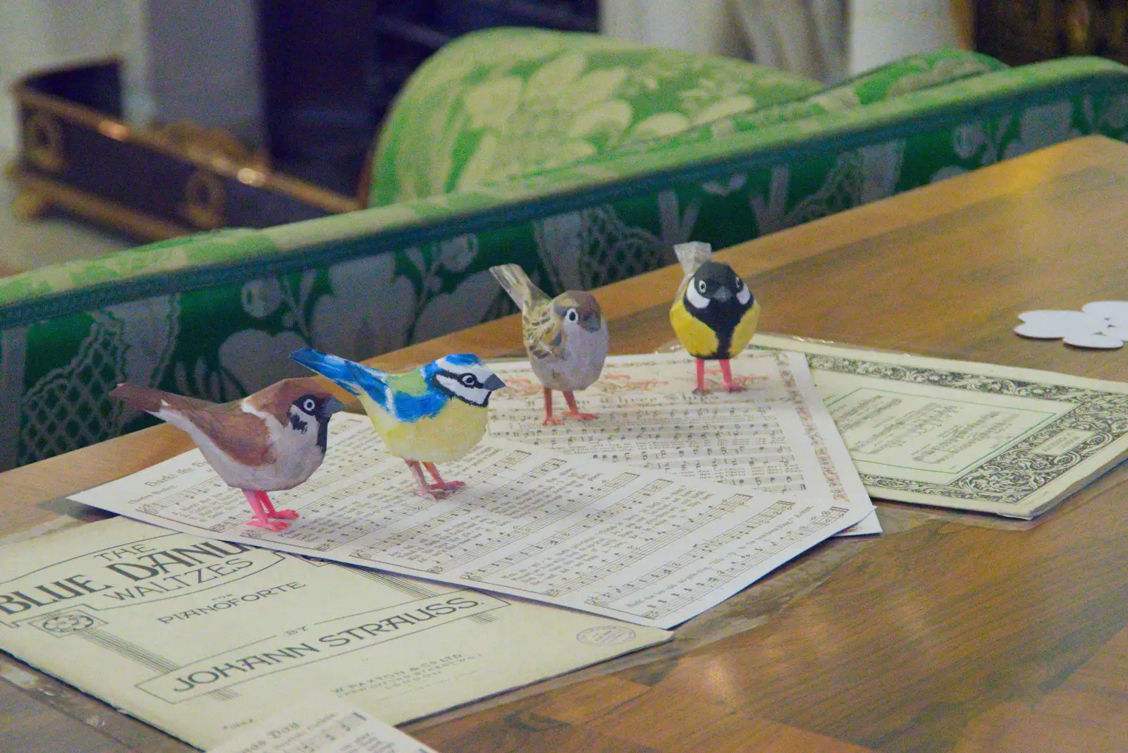 Tits and sparrows stand on piano music, from Shadow the Snow Leopard at Ickworth House, Horringer - 4th January 2026
