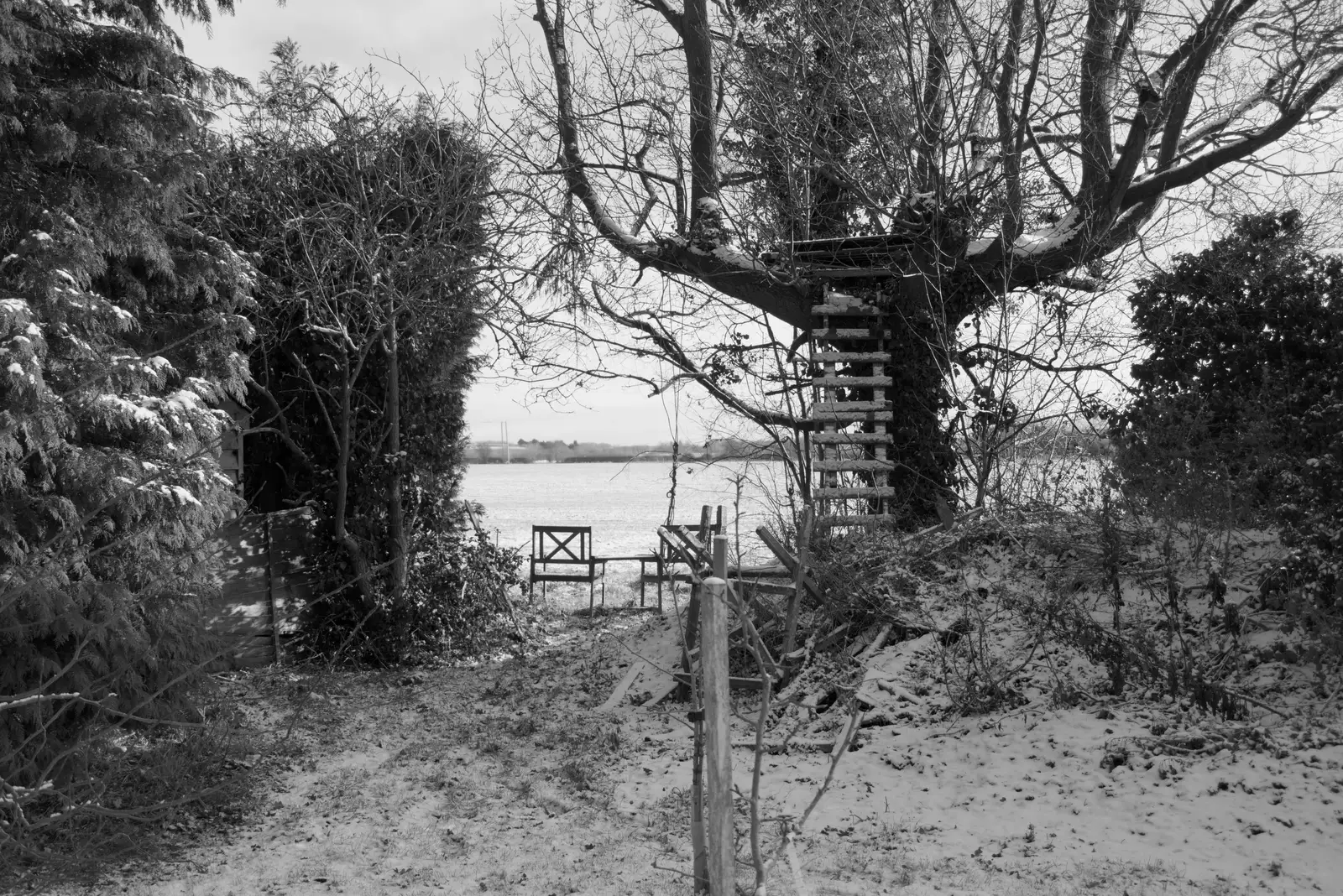 Harry photos the old 'tree house', from Harry's Snow Days, Brome, Suffolk - 5th January 2026
