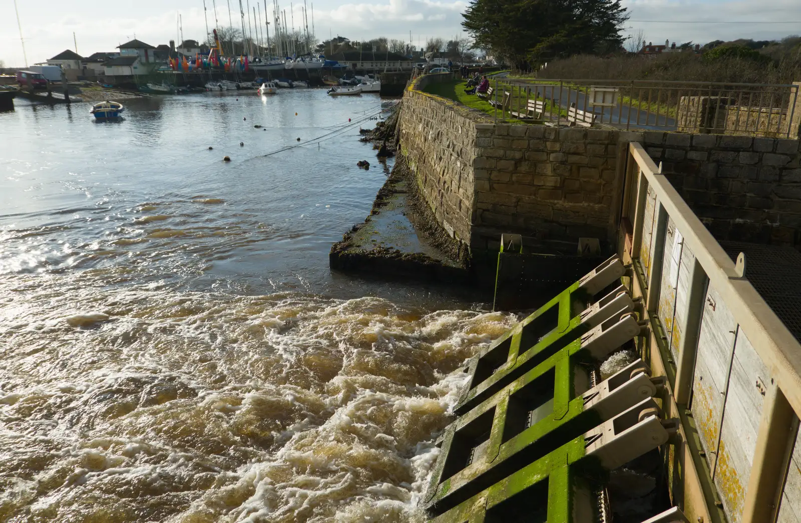 Frothing water at the sluice gate, from New Milton and a Return to Lymington, Hampshire - 17th January 2026
