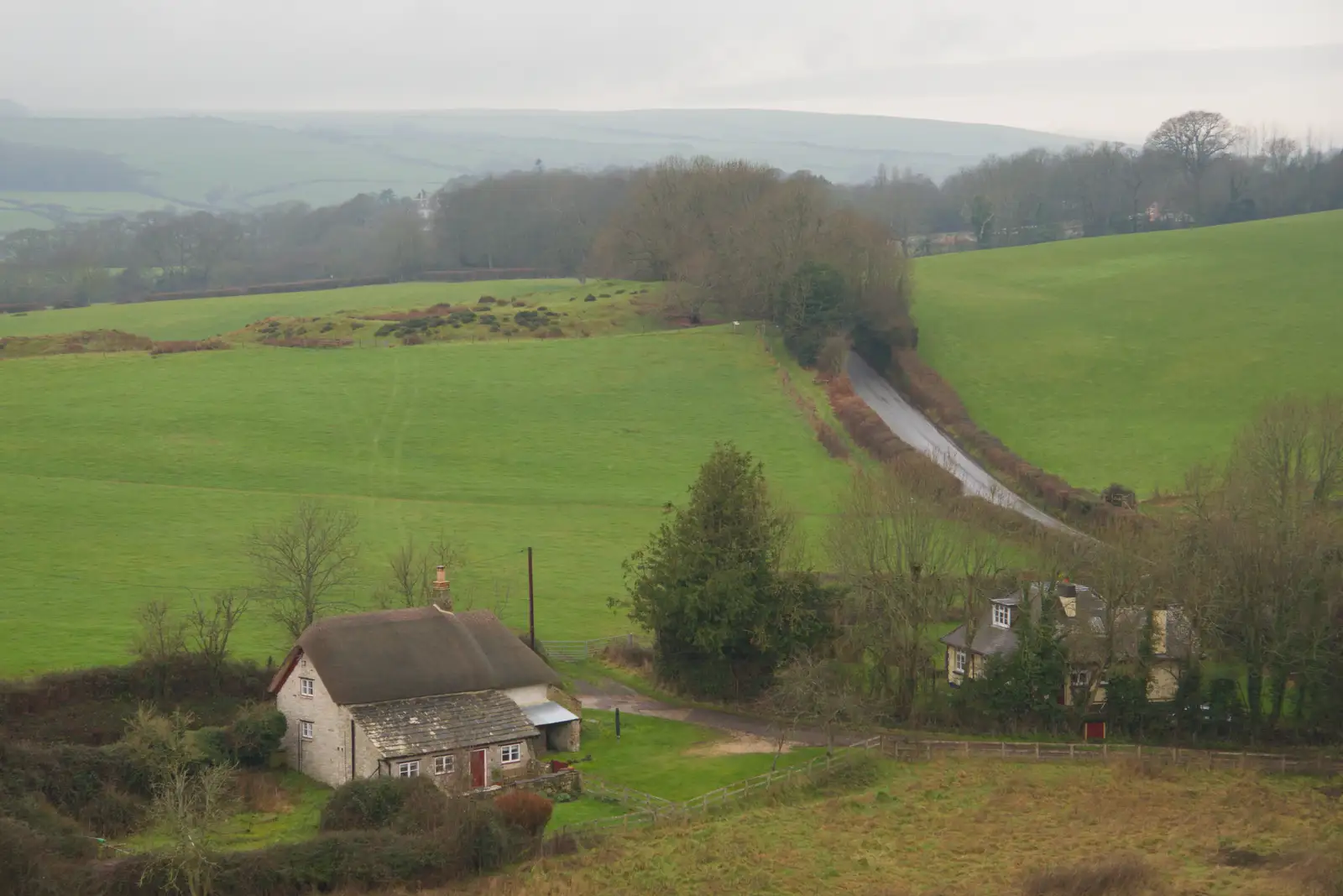 A view of a thatched cottage from on the Motte, from From Poole to Portland the Slow Way: a Dorset Odyssey - 18th January 2026