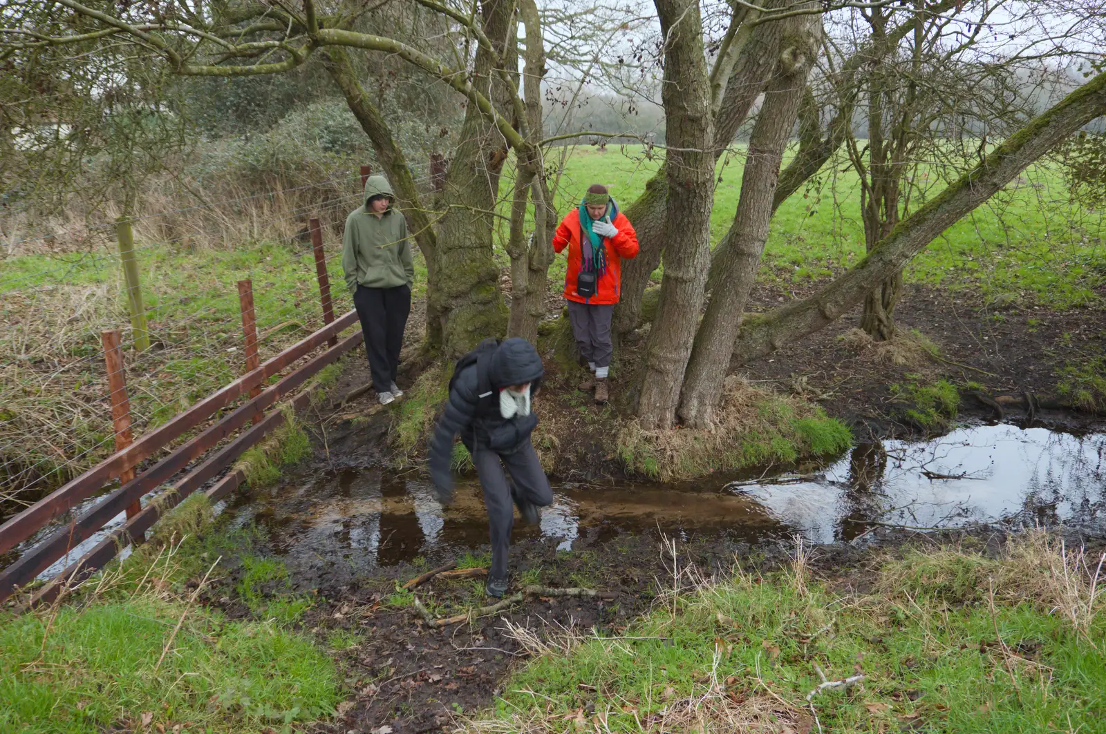 We jump the creek near Scole Pantation, from Another Walk to the Crossways, Scole, Norfolk - 25th January 2026