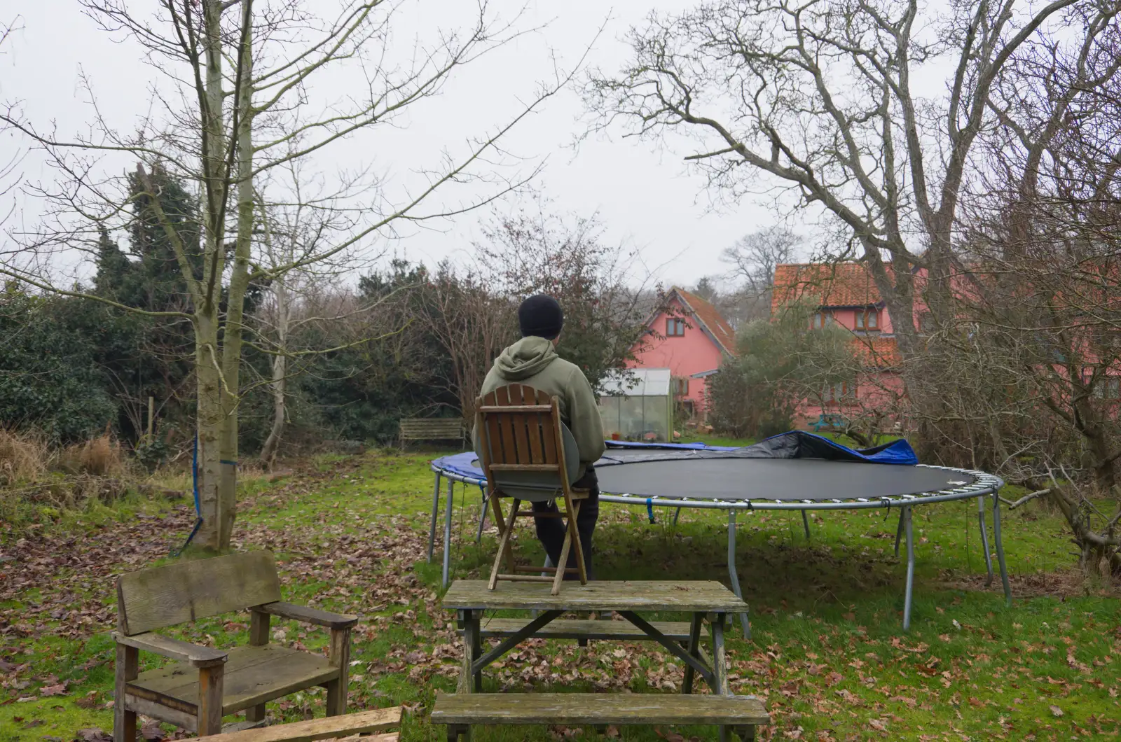 Fred sits on a chair on a bench, from Another Walk to the Crossways, Scole, Norfolk - 25th January 2026