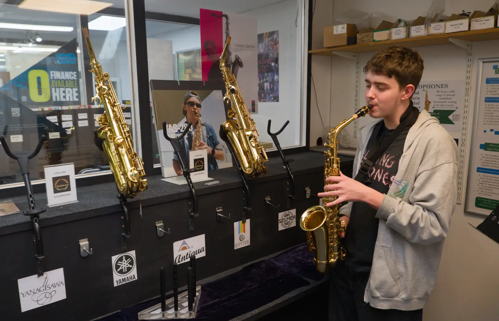A variety of saxophones are tried out, from Saxophone Shopping in Cambridge - 21st March 2026