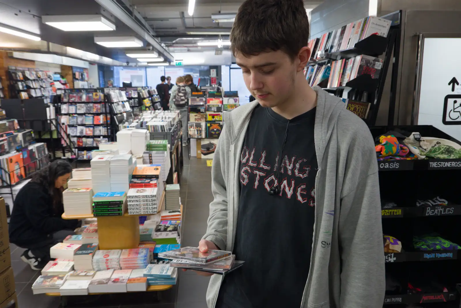 Fred considers his purchases in Fopp Records, from Saxophone Shopping in Cambridge - 21st March 2026