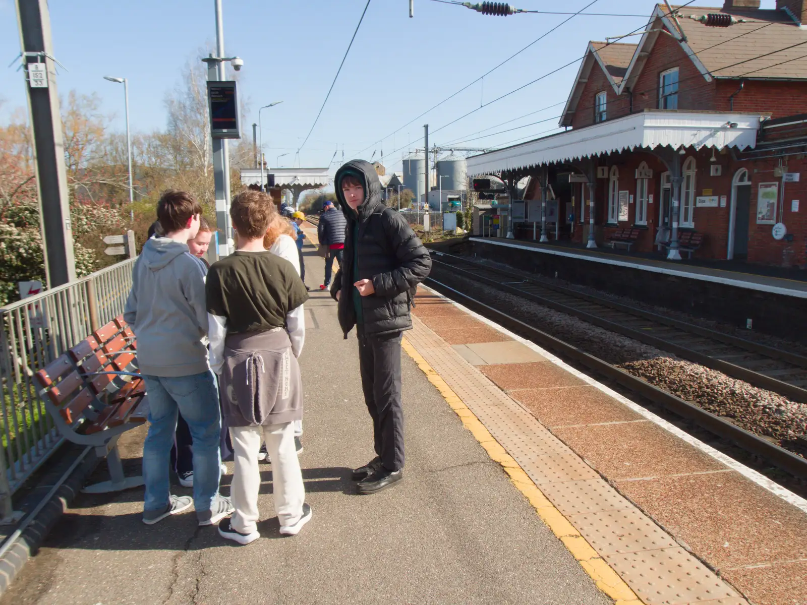 Harry and his posse on platform 2 atDiss Station, from Harry's Escape Room, Timber Hill, Norwich - 28th March 2026