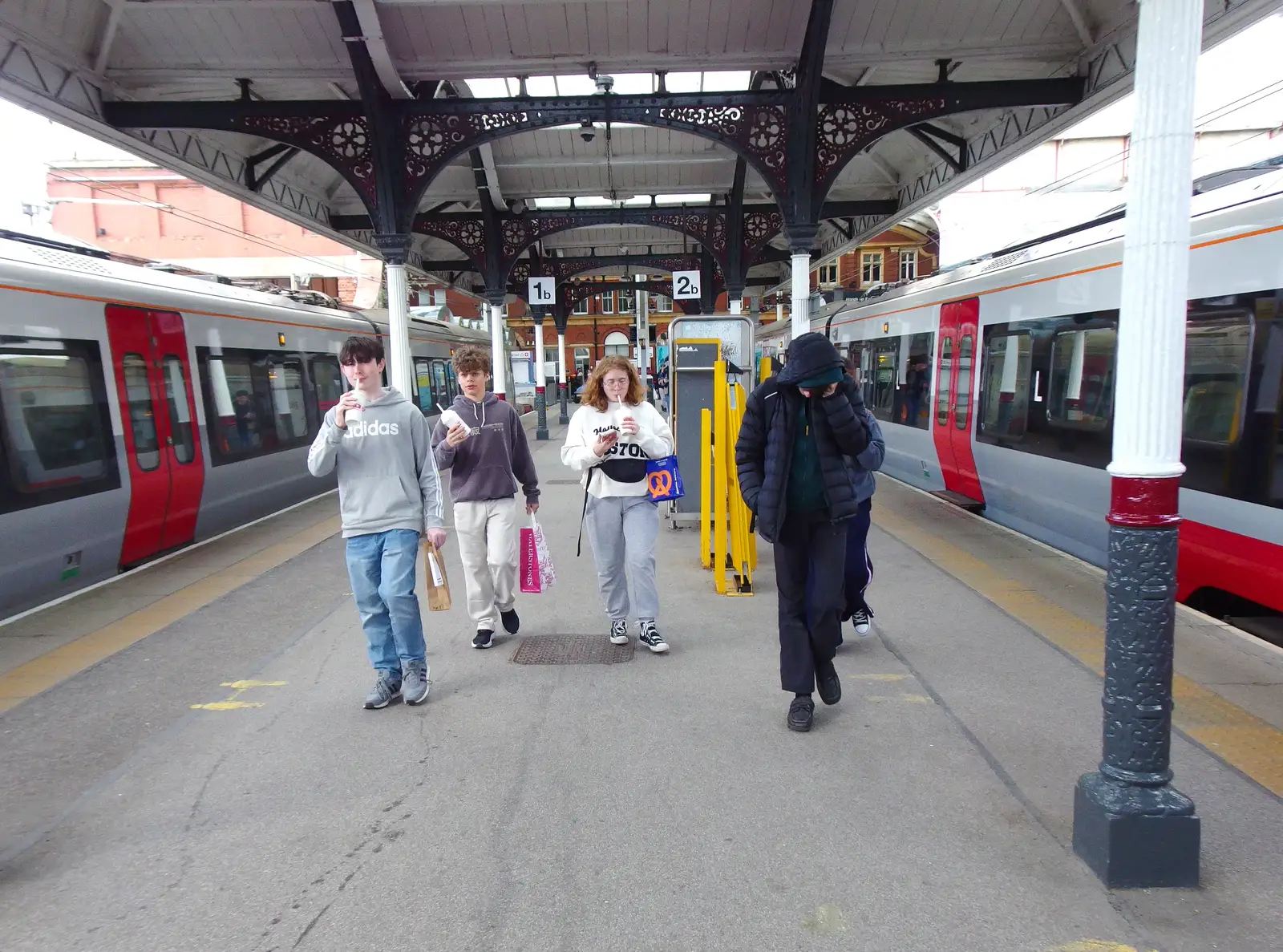 The gang on the platform at Norwich station, from Harry's Escape Room, Timber Hill, Norwich - 28th March 2026