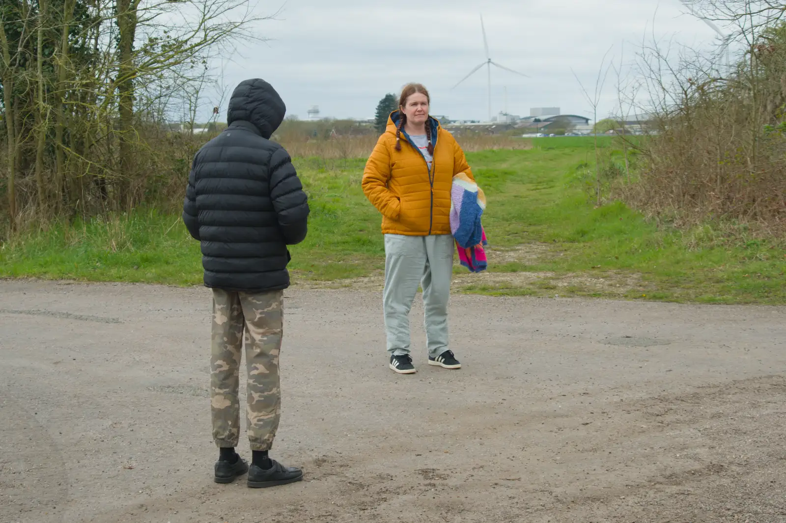 Harry and Isobel wait on the road, from Walking Around, and Fred's Log, Brome, Suffolk - 3rd April 2026