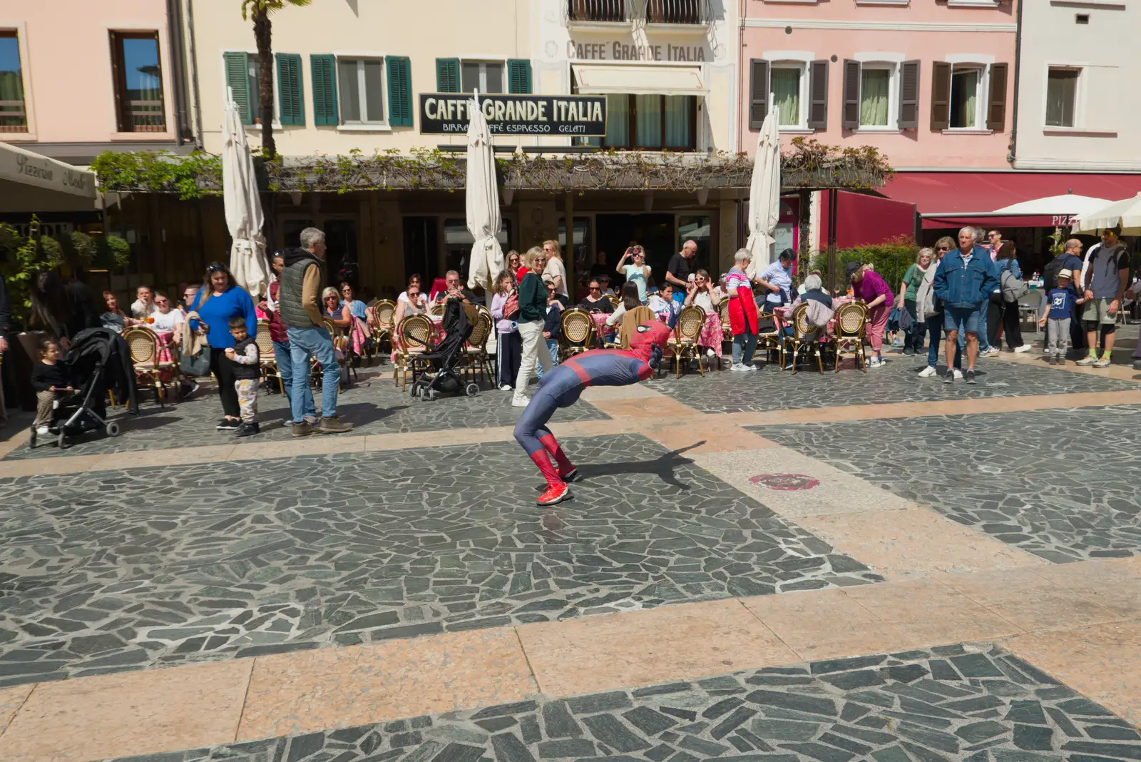 Spiderman on Piazza Giosuè Carducci, from Hauling Boats to Croatia: Toulon to Desenzano, Lake Garda, Italy - 11th April 2026