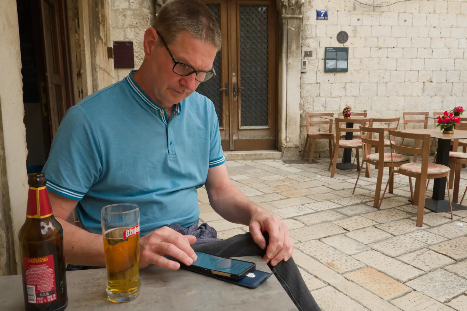 Sean checks his phone, from Hauling Boats to Croatia: Desenzano to Split, Croatia - 13th April 2026