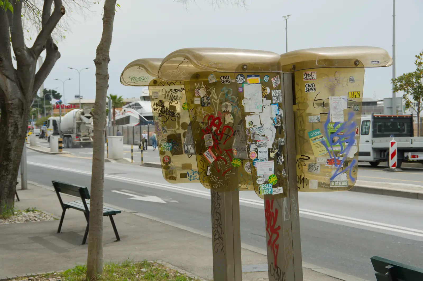 Stickers all over disused phone booths, from Hauling Boats to Croatia: Desenzano to Split, Croatia - 13th April 2026